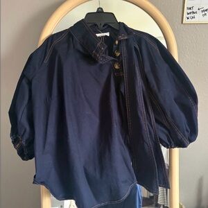 Navy Short-Sleeve Button Popover Top